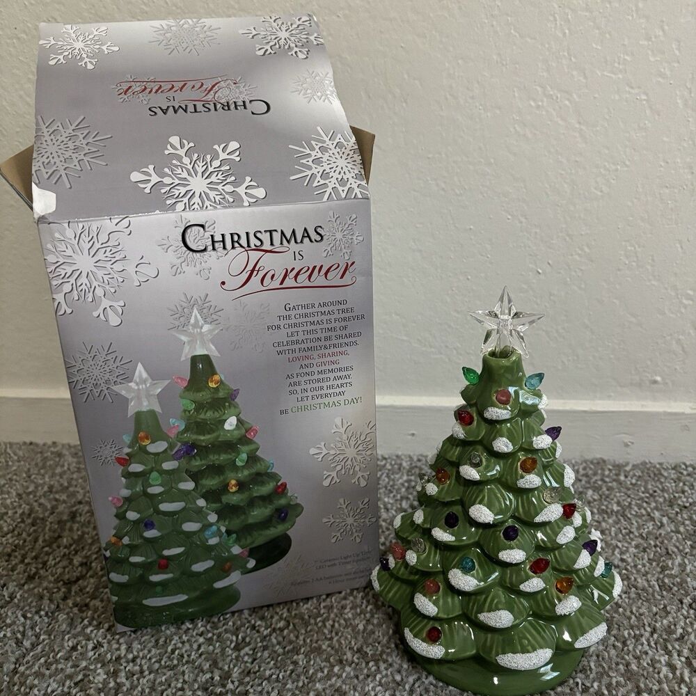 VTG LIGHTED MULTI-COLOR BULBS CERAMIC CHRISTMAS TREE 2 TONE GREEN 8" IOB